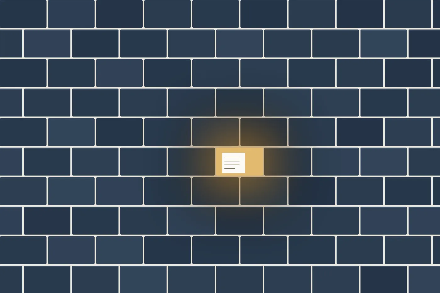 A wall of bricks with one brick missing and a record showing through the gap
